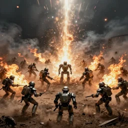 Large scale battle of AI soldier robots fire mud and dark environment foggy epic proportions detailed