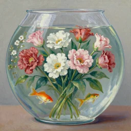 beautiful oil painting of flowers in a fish bowl painted by Lisa Frank and thomas kinkade