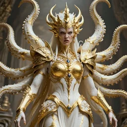 a photo of 8 k ultra realistic angry corrupted lovecraftian golden humanoid queen, 8 intricate white and gold tentacles, face enhance, ornate white and gold armour, cinematic lighting, trending on artstation, 4 k, hyperrealistic, focused, extreme details, unreal engine 5, cinematic, masterpiece