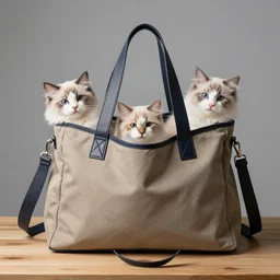 lots of furry cats inside a big handbag, the handbag is over a wood table, stock photo, gray background, studio lighting, detailed photo, 4 k, 8 k