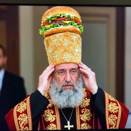 orthodox patriarkh is wearing tall burger hat, real TV footage,