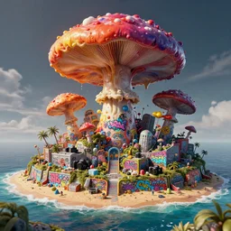 an impressive ominous cinematic shot photo of a plastic beach island caustics cumulo mushroom nuclear volumetric dynamic fluid simulation lighting impressive masterpiece graffiti hyper perspective textured detailed intricate sharp focus 8 k realistic illustration canon eos r 3 fujifilm x - t 3 0 sony alpha, by james gurney tooth wu artgerm colorful