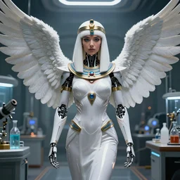 perfect white haired attractive egyptian goddess with huge white dove wings, warframe armor, beautiful, symmetric, charlize theron, half asian, pretty face, blue eyes, cyborg, scifi platform, laboratory, experiment, 4 k, ultra realistic, epic lighting, android body, illuminated, cinematic, masterpiece, art by akihito tsukushi, voidstar