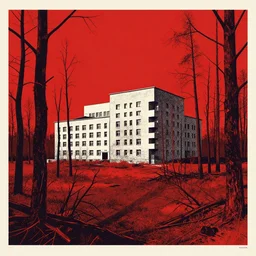 social modernist blockhouse estate in the midle of red, radioactive dead forest, screen print, poster, russian city