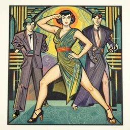 ( ( dither ) ), editorial illustration portrait of miona hori posing, dynamic pose, modern art deco, colorful, ( ( mads berg ) ), christopher balaskas, victo ngai, rich grainy texture, detailed, dynamic composition, wide angle, moebius, matte print, wood block print