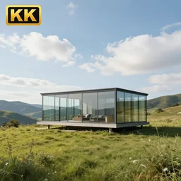 minimalist glass house in valley, summer, sunny, clouds, beautiful, 4 k, hd, award winning, professional