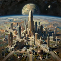 a vast planetary sci-fi city by Ansel Adams and Bernardo Bellotto, oil on canvas, artstation, dramatic scenery, masterpiece, aesthetic
