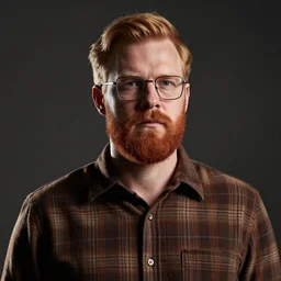 hearts of iron 4 portrait of a man with short ginger hair, square glasses, ginger beard, plaid brown shirt, rim lighting, dramatic lighting, harsh shadows, muted colors, trending on artstation, character portrait, ylva ljungqvist, paradox interactive