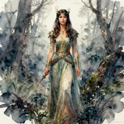 a realistic and atmospheric watercolour fantasy character concept art full body image of a young jane fonda in her 2 0 s as a druidic warrior wizard looking at the camera with an intelligent gaze by rebecca guay, michael kaluta, charles vess and jean moebius giraud