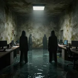 backrooms office space, ominous lighting, moldy walls, shadowy tall figures wading in shallow water