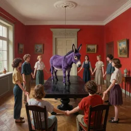 realistic painting of a red obscure big antique room with people standing in a circle holding hands around a black wooden table with a purple donkey standing over it. wide angle lens deformed perspective