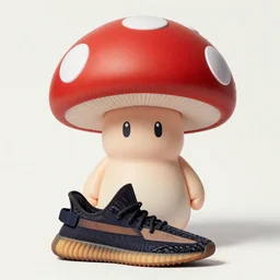 grainy photography of action figure mushroom wearing yeezys made by takashi murakami