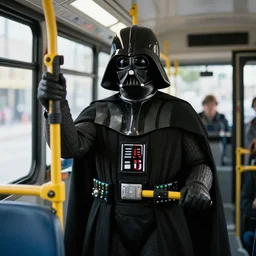 Darth Vader taking the bus, photo realistic, award-winning, highly-detailed