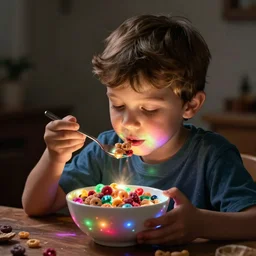 kid eating bowl of RGB LEDs cereal with a spoon