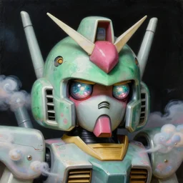a baroque neoclassicist renaissance close - up portrait of a green and pink iridescent whimsical 1 8 0 0 s japanese mecha gundam doll face with big glowing eyes. reflective detailed textures. puffy clouds, dark black background. highly detailed fantasy science fic tion painting by moebius, norman rockwell, frank frazetta, and syd mead. rich colors, high contrast. artstation
