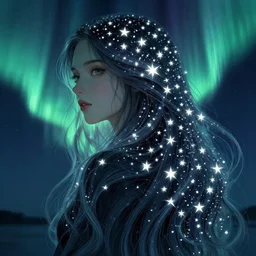 aurora, girl with super long hair, hair becoming bright stars, intricate, highly detailed, digital painting, artstation, concept art, smooth, sharp focus, illustration, unreal engine 5, 8 k, art by artgerm and greg rutkowski and alphonse mucha