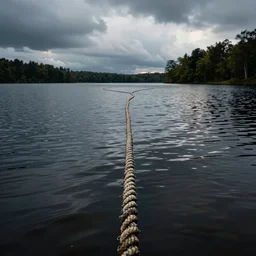 a infinitely long thick rope zig - zagging snaking across the surface of the water into the distance, floating submerged rope stretching out towards the center of the lake, a dark lake on a cloudy day, atmospheric, color film, trees in the background, hyper - detailed photo, anamorphic lens
