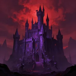 big evil castle - purple city rock dark shadow elves under the mountain, might and magic heroes vii, dark fantasy, shadows, artstation trending, unreal engine 5, red