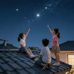 A boy showing his sisters the stars at night on the roof of their house, hyperdetailed, artstation, cgsociety, by greg rutkowski, by Gustave Dore