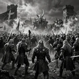 viking, dramatic lighting, highly detailed, epic battle scene, black and white, wlop, artgerm