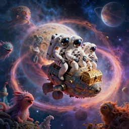 Astronauts have a treasure with them, they are riding the giant Cthulhu, they are floating over the ring of the gas planet, this is an extravagant planet with wacky wildlife and some mythical animals, the background is full of nebulas and planets, the ambient is vivid and colorful with a terrifying atmosphere, by Jordan Grimmer digital art, trending on Artstation,