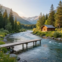 DSLR still of a beautiful mountainside river with a pier and a log cabin at sunrise in summer, 4k