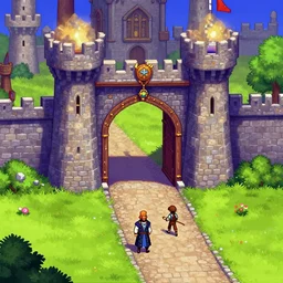 a scene in front of castle gates with, from a fantasy point and click 2 d graphic adventure game, art inspired by john shroades, king's quest, sierra entertainment games