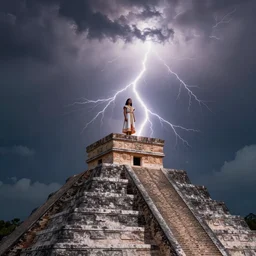 A young Mayan priestess stands on top of a Mesoamerican Pyramid, front of her illuminated by a lightning bolt, dramatic lighting, epic, atmospheric