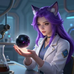 league of legends concept art beautiful young female scientist with neko ears examining spherical black hole in her hand, long purple hair, futuristic laboratory background interior, table with laboratory equipment, art by charles liu, close - up shot, fantasy style, soft lighting, vibrant color scheme, female portrait, ultra detailed, volumetric lighting, octane render, commission art, 8 k wallpaper