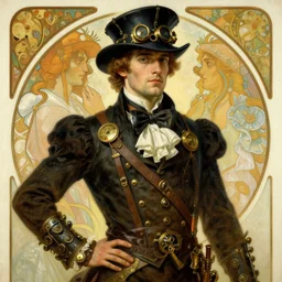 attractive man, steampunk style, painting by gaston bussiere, craig mullins, greg rutkowski, alphonse mucha
