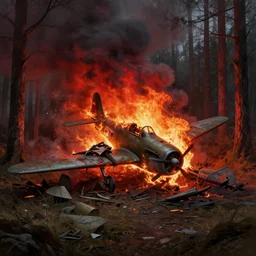 a small burning german ww 2 airplane, crashed to multiple pieces, in the forest, crashed, burning, dark thick smokey red fire, intricate, elegant, highly detailed, centered, digital painting, artstation, concept art, smooth, sharp focus, illustration, artgerm, tomasz alen kopera, peter mohrbacher, donato giancola, joseph christian leyendecker, wlop, boris vallejo