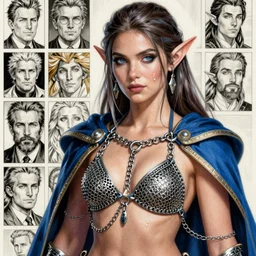 alluring highly detailed matte (juicy brush strokes) close-up portrait of beautiful elf Shani (from Witcher 3) wearing chesty chainmail bikini and a blue cloak, very detailed, realistic, manga, pen and ink, by Stanley Artgerm Lau, greg rutkowski, thomas kindkade, alphonse mucha, loish, norman rockwell J.