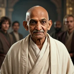 a photorealistic portrait of ghandi as a jedi in star wars cinematic lighting, photorealistic, octane render, 8 k, depth of field, 3 d, art by artgerm and greg rutkowski and alphonse mucha and uang guangjian and gil elvgren and sachin ten