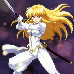 renaissance anime brave elf girl with white skin, strong pose, stunning face, katana in hand, golden hair blowing the wind, strong pose, chibi, trending art, dynamic photography, centered, fate zero, extremely high detailed, bokeh color background, studio ghibly makoto shinkai yuji yamaguchi, by wlop