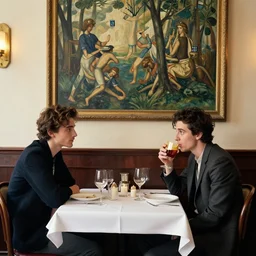 timothee chalamet sitting across table, fancy restaurant, artwork by gaston bussiere, craig mullins, trending on artstation