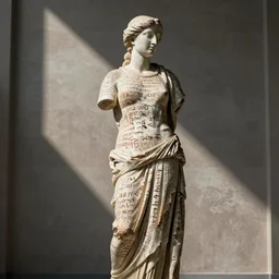 Ancient Greek statue of Aphrodite covered in beautiful calligraphy