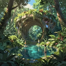 ( ( ( gediminas pranckevicius ) ) ) pond in a jungle architecture by kengo kuma, artwork by rhads, makoto shinkai and lois van baarle, ilya kuvshinov, rossdraws, envato render, global illumination