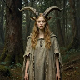 A detailed horned antelopewoman stands by the forest. Wearing a ripped mantle, robe. Perfect faces, extremely high details, realistic, fantasy art, solo, masterpiece, art by Zdzisław Beksiński, Arthur Rackham, Dariusz Zawadzki