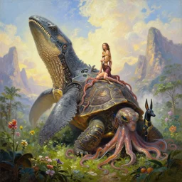 fantasy oil painting, great leviathan, cybernetic turtle cephalopod terrapin reptilian pachyderm squid, bella hadid, hybrid, milla jovovich, anubis, epic natural light, lush plants flowers, spectacular mountains, bright clouds, luminous sky, outer worlds, golden hour, michael cheval, edward hopper, michael whelan, vray, hd