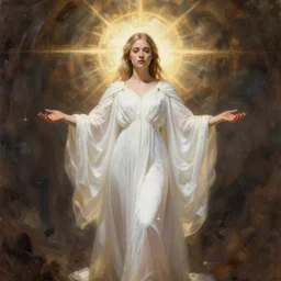 in the style of Joshua Middleton art, goddess, Evan Rachel Wood, pale, holy, gorgeous, full body white dress, symmetrical face, high fantasy, concept art, warm lighting, painting