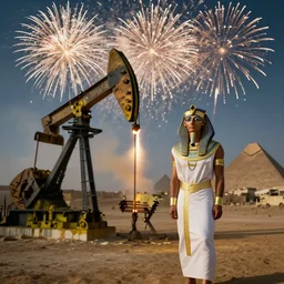 an oil pianting of cleopatra hanging out with a man in egypt with fireworks