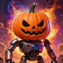 portrait of a anthropomorphic evil pumkinheaded robot with human characteristics, digital art, epic composition, fantasy, explosion of color, highly detailed, in the style of jake parker, in the style of conrad roset, swirly vibrant colors, sharp focus