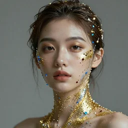 portrait of a shy beautiful futuristic woman layered with high-tech jewelry wrapping around her face and head, golden-silver light with tiny blue, gold, and red gems scattered like dust