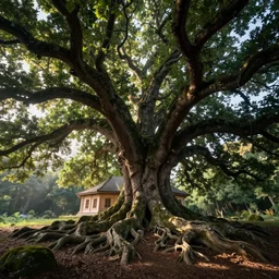 temple built into the gnarled roots of an enormous oak tree, idyllic forest scape by jordan grimmer and rebecca guay, crepuscular rays, vibrant, wide angle, epic, vast, trending on artstation, cgsociety, intricate, atmospheric lighting, unreal engine, 8 k resolution, ultrafine detail, octane render