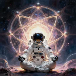 astronaut meditating in front of an alien ethereal geometry, art by moebius