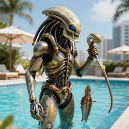 cybernetic steampunk alien versus predator hyper realistic miami poolside