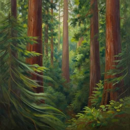painting of view from the top of tree of redwood forest, swaying trees, windy, waves, rippling trees
