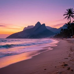 beatiful landscape of the beach and mountains behind, vaporwave, sunset, photo