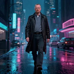 walter white in a synthwave cyberpunk city at night, walking on a rainy street, concept art, digital