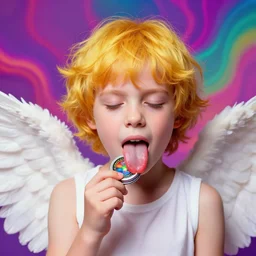 a colorful vibrant closeup portrait of a simple angel licking a tab of LSD acid on his tongue and dreaming psychedelic hallucinations, by kawase hasui, moebius, Edward Hopper and James Gilleard, Zdzislaw Beksinski, Steven Outram colorful flat surreal design, hd, 8k, artstation